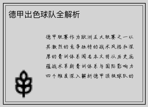 德甲出色球队全解析