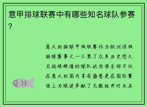意甲排球联赛中有哪些知名球队参赛？